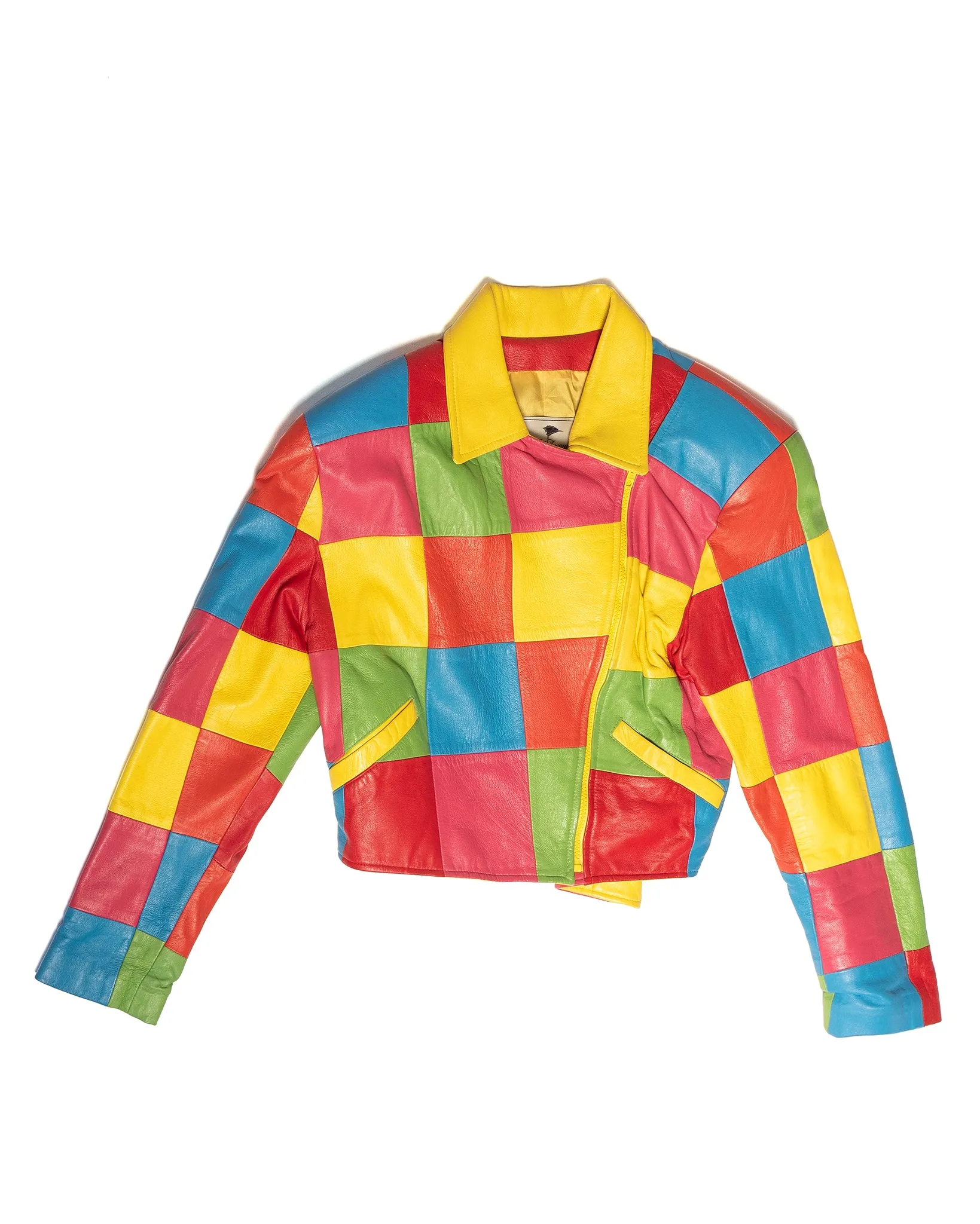 1980s Saks Rainbow Patchwork Cropped Leather Jacket