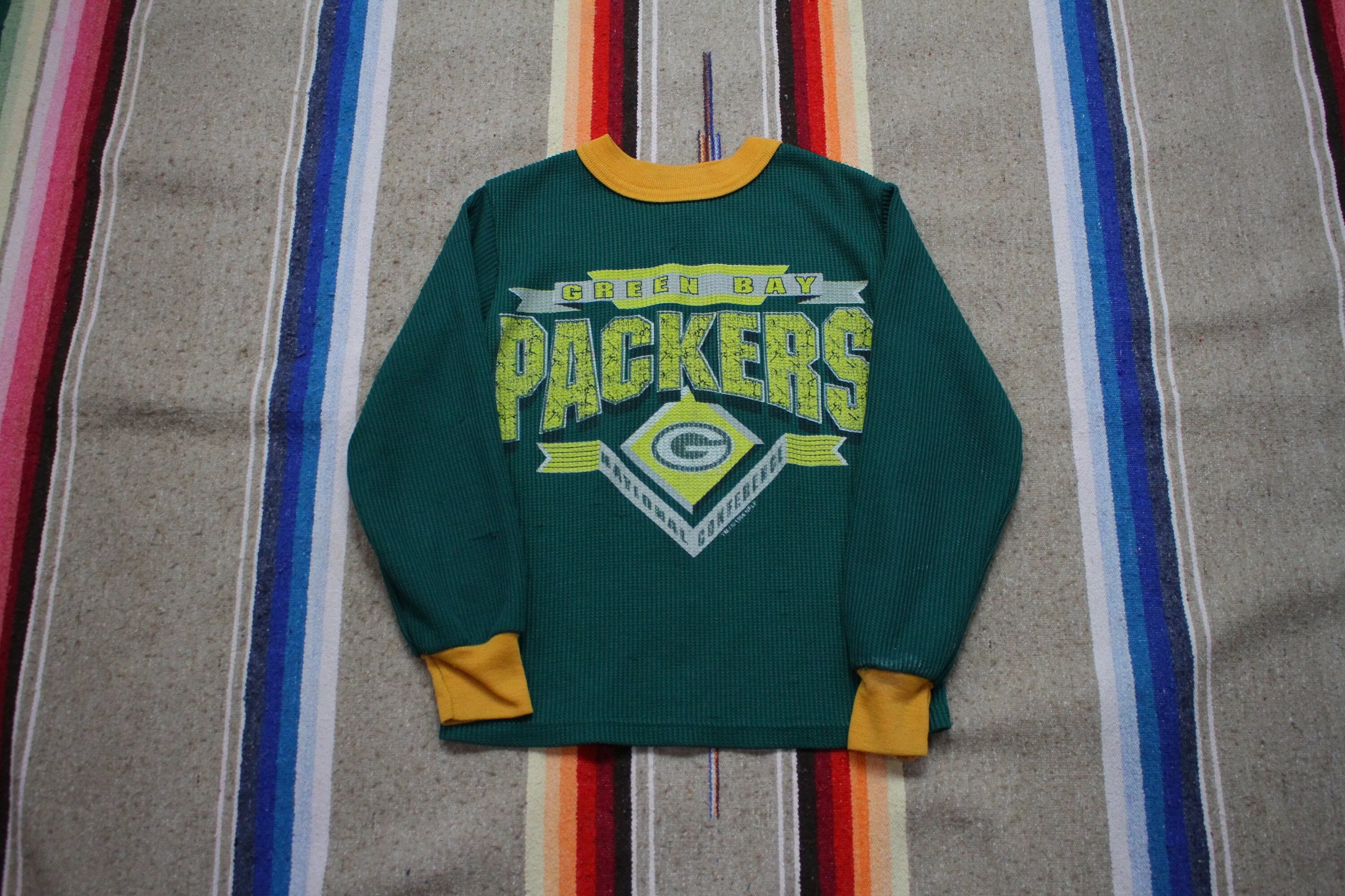 1990s 1995 Wormser Green Bay Packer NFL Kid's Long Sleeve Thermal Shirt