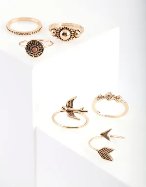 Antique Gold Feather Bird Ring Stack 6 Pack
