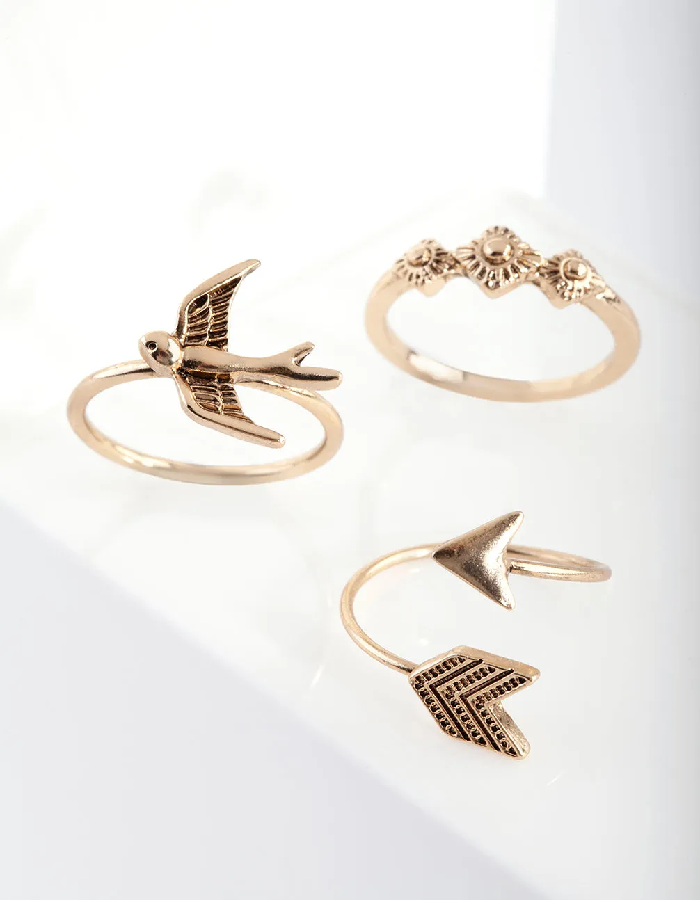 Antique Gold Feather Bird Ring Stack 6 Pack
