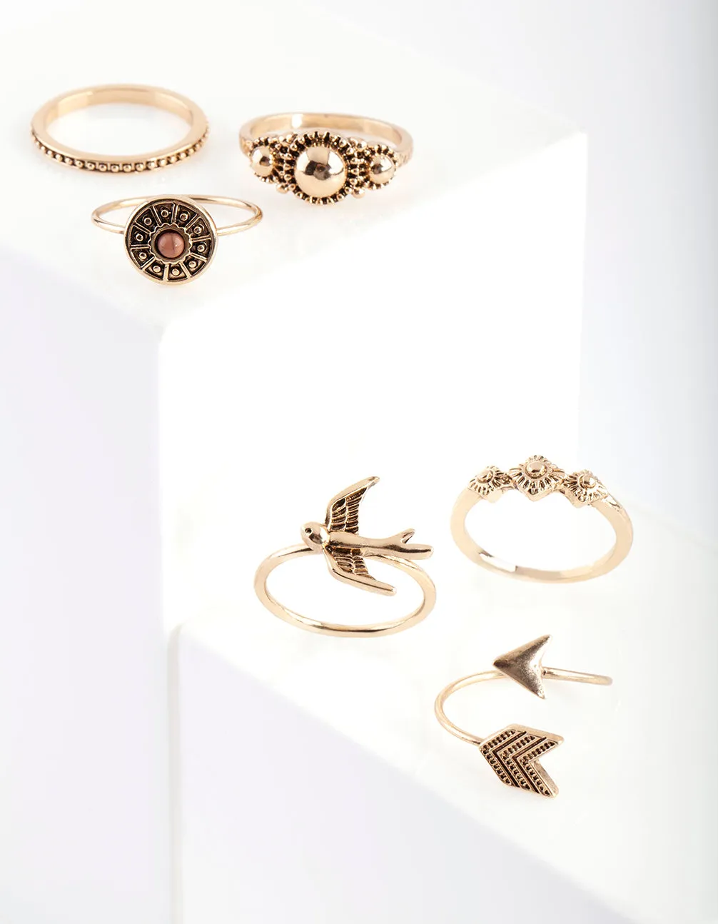 Antique Gold Feather Bird Ring Stack 6 Pack