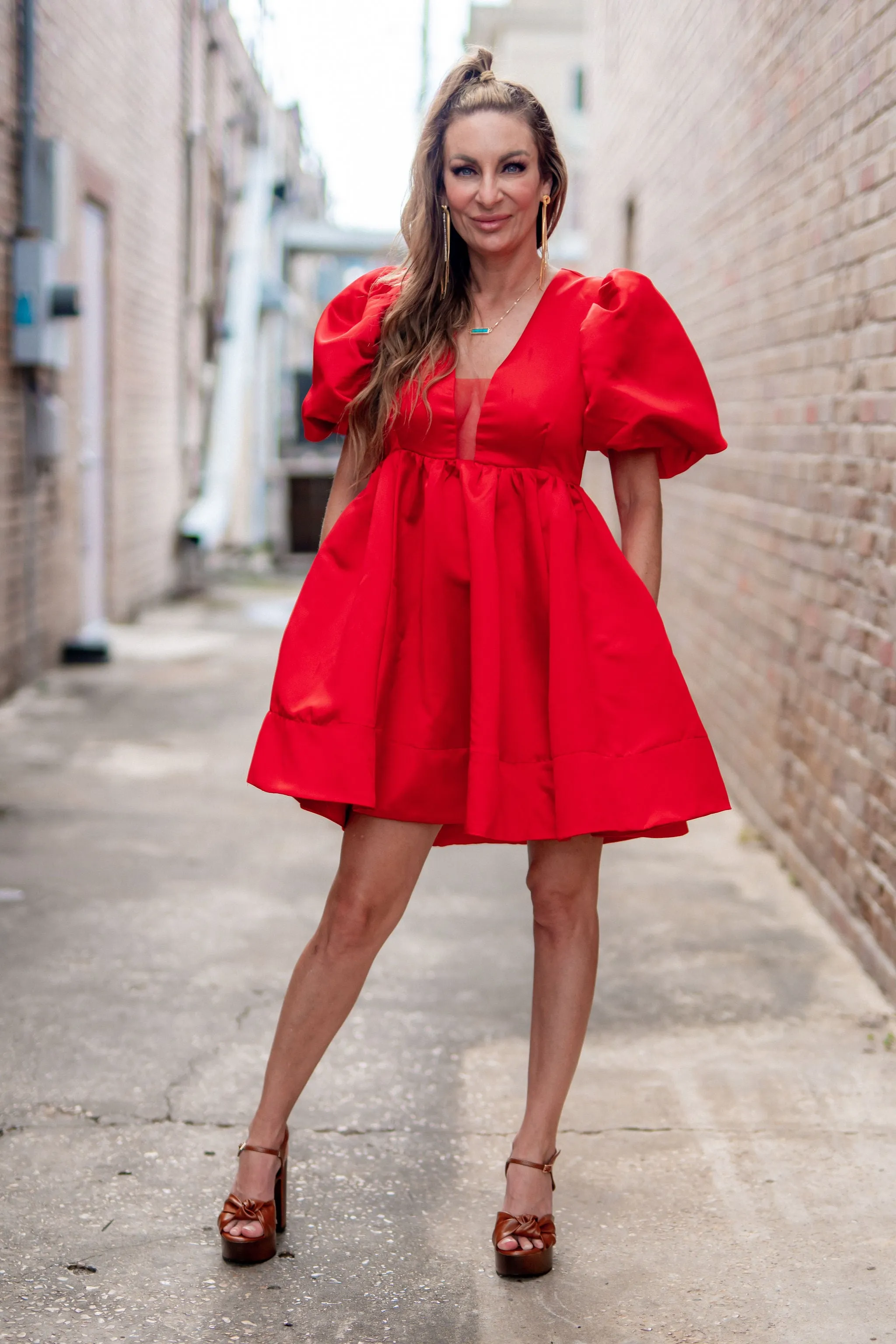 Arden Solid Woven Balloon Puff SLV Empire V Neck Mini Dress Red