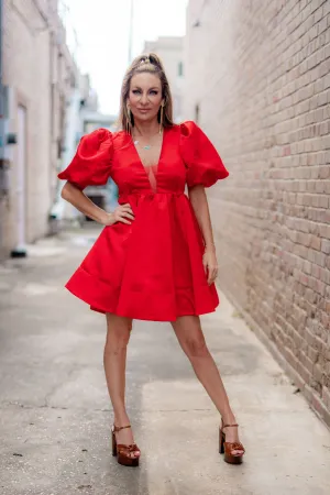 Arden Solid Woven Balloon Puff SLV Empire V Neck Mini Dress Red
