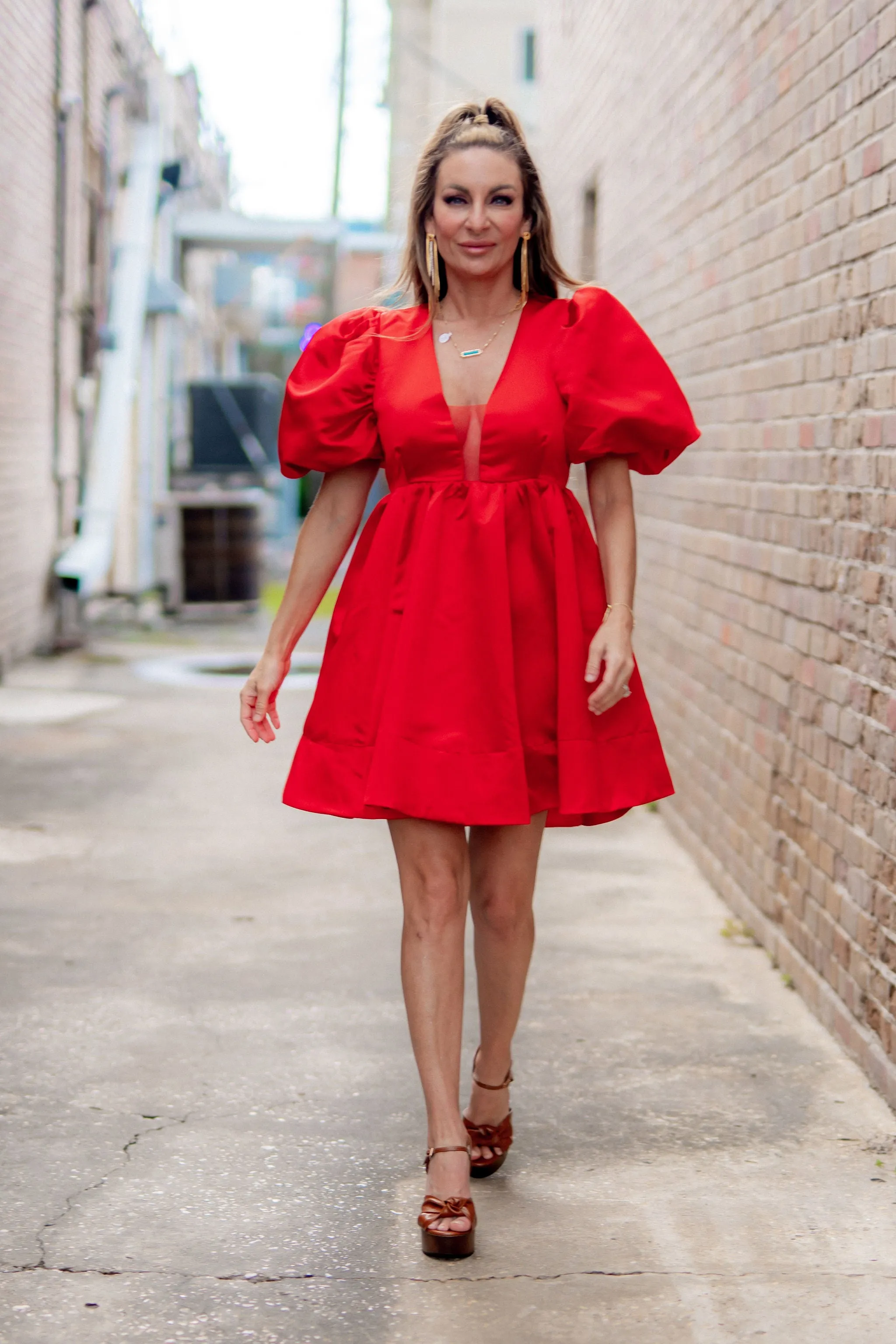 Arden Solid Woven Balloon Puff SLV Empire V Neck Mini Dress Red