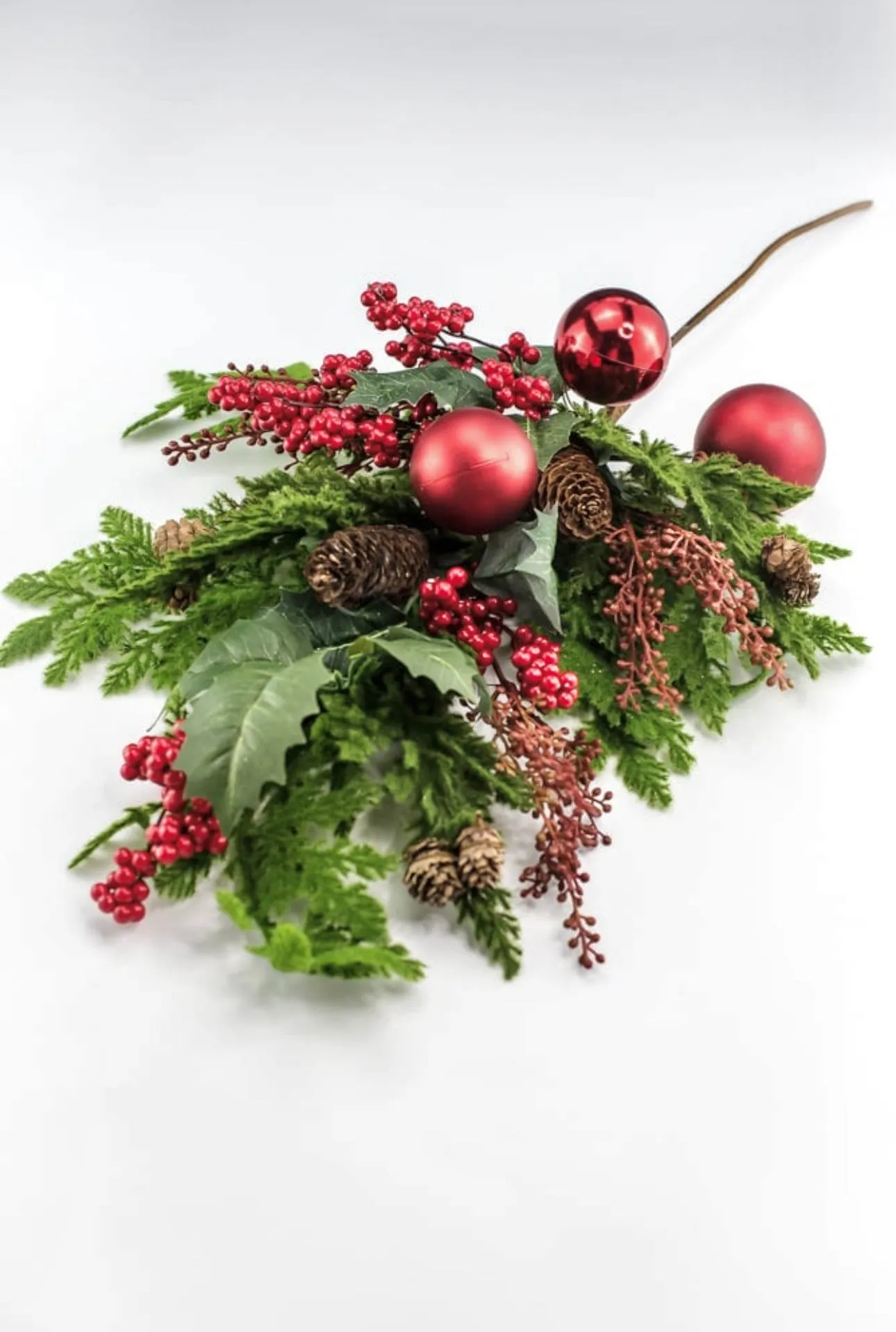 Artificial, mixed cedar and red ornament spray