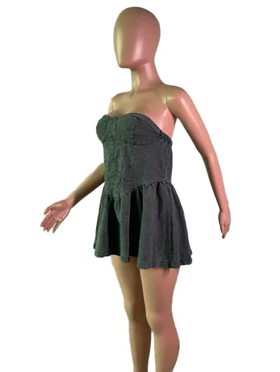BE782 Tube Denim Pleated Mini Dress