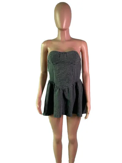 BE782 Tube Denim Pleated Mini Dress