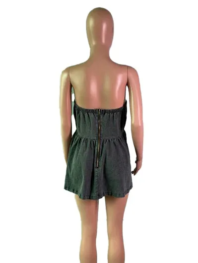 BE782 Tube Denim Pleated Mini Dress