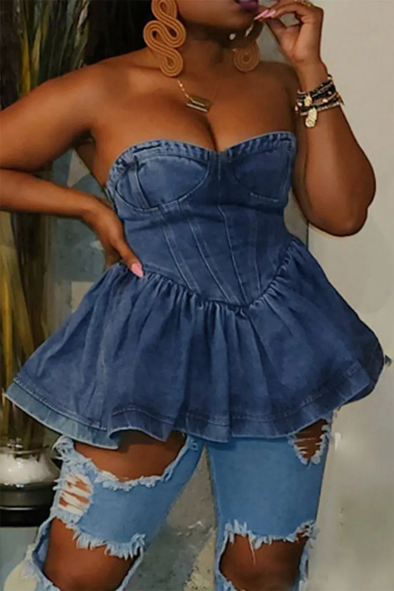 BE782 Tube Denim Pleated Mini Dress