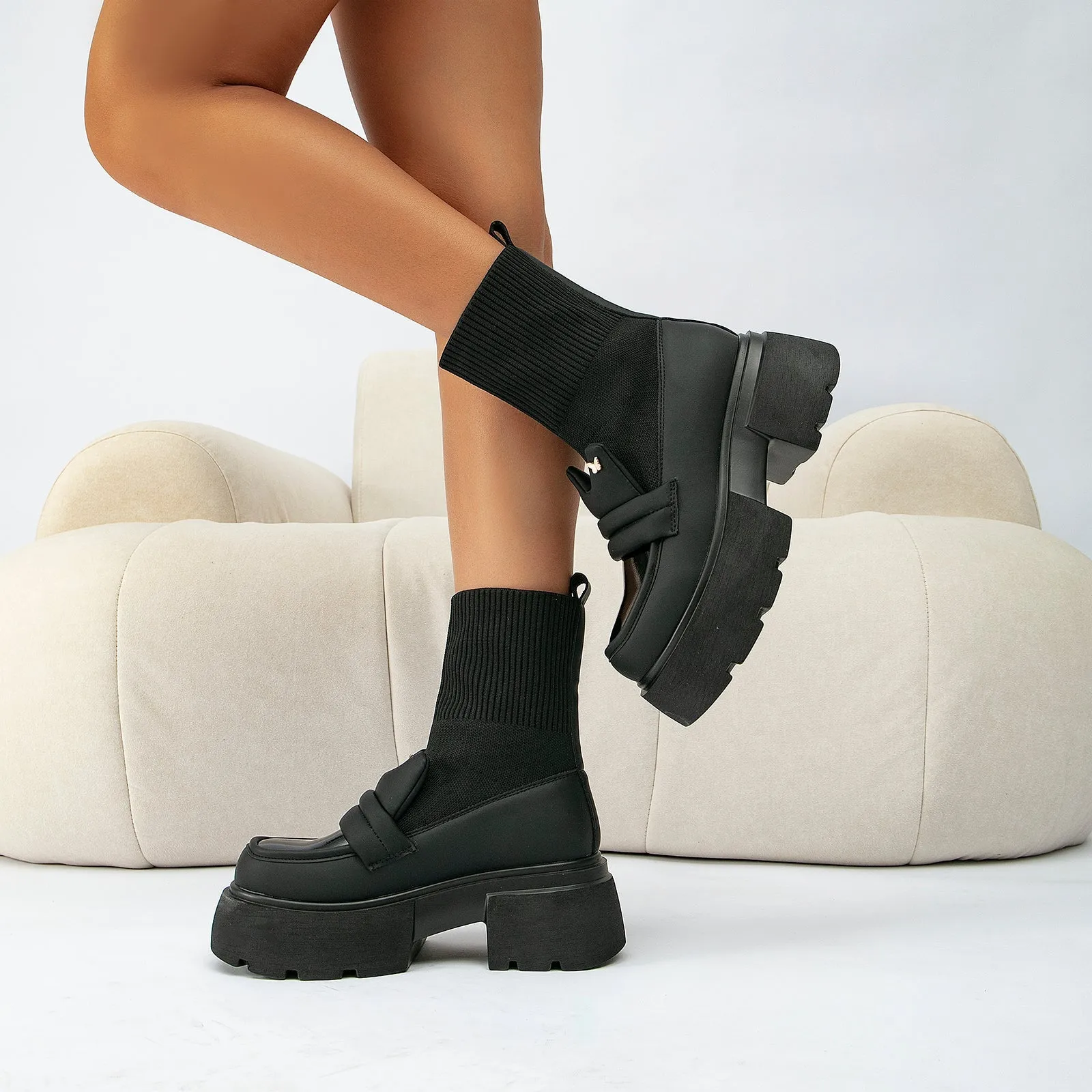 binfenxie-Women Two Tone Knit Ankle Boots