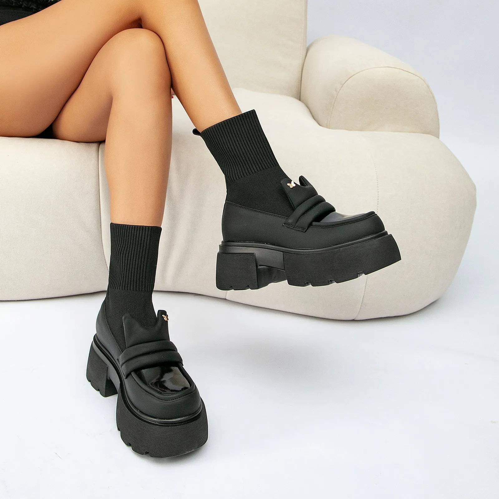 binfenxie-Women Two Tone Knit Ankle Boots