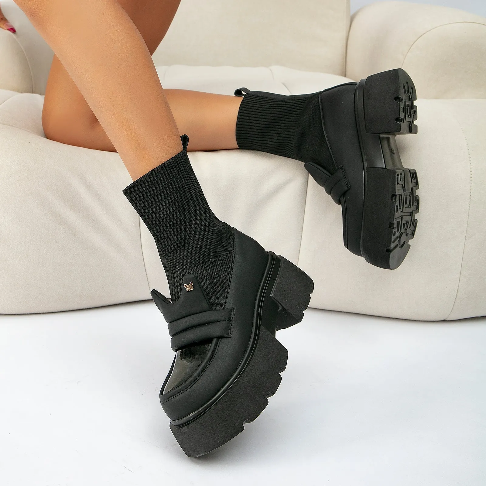 binfenxie-Women Two Tone Knit Ankle Boots