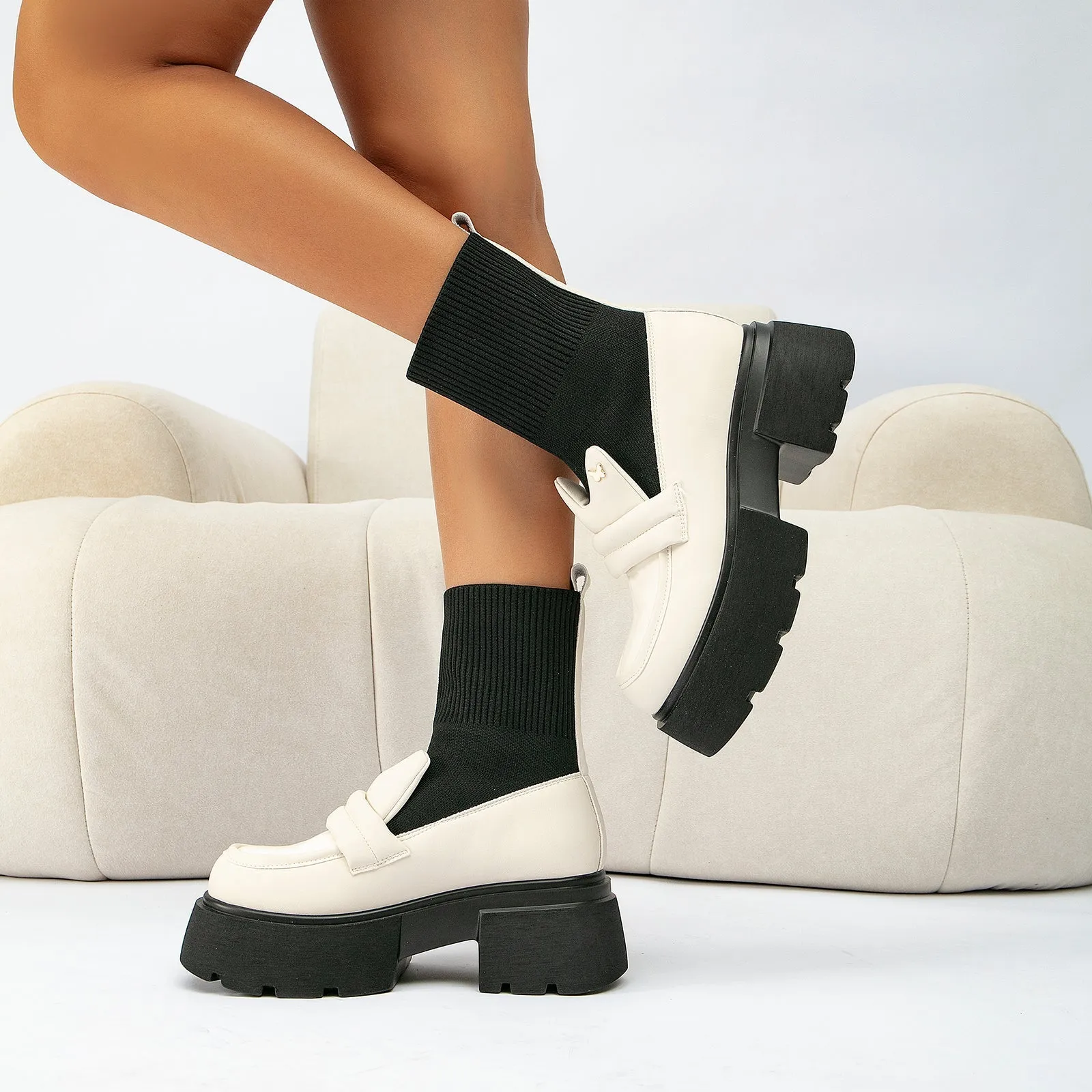 binfenxie-Women Two Tone Knit Ankle Boots