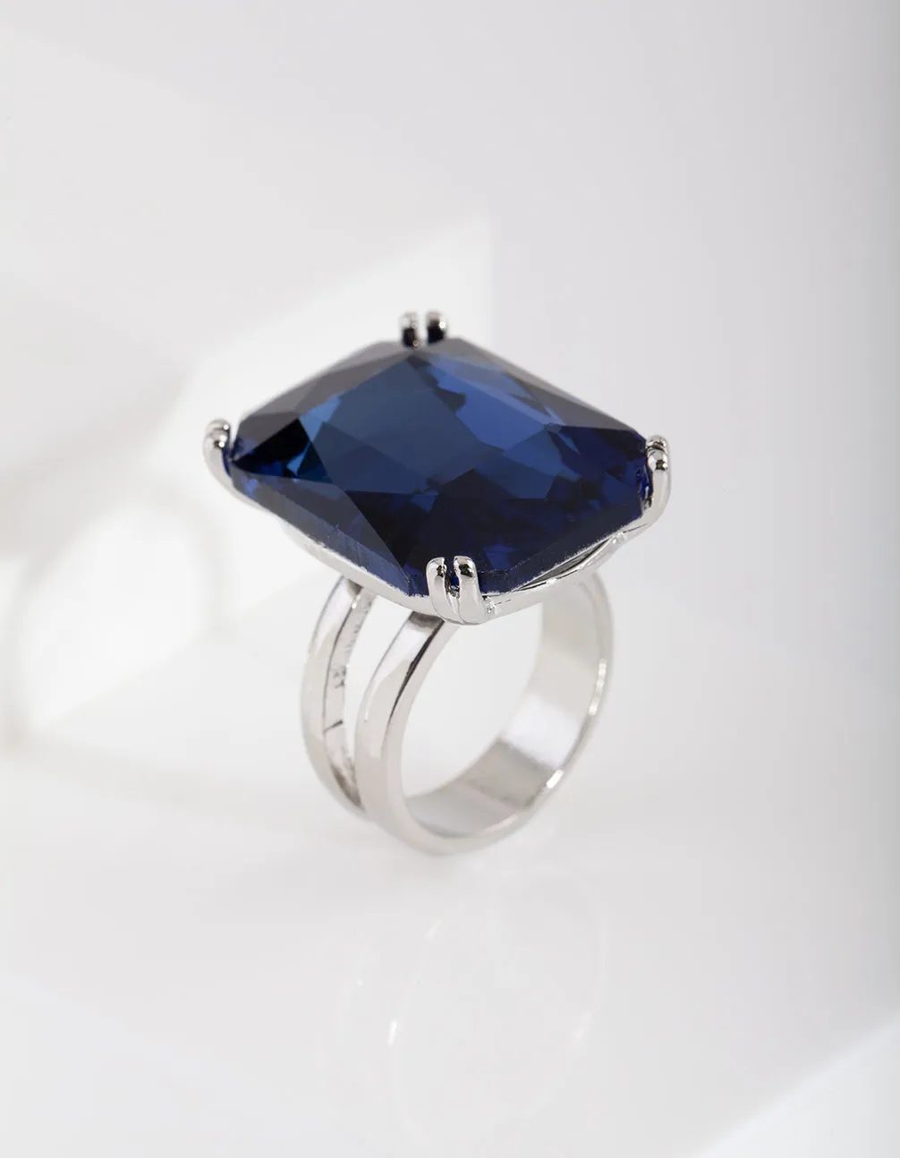Blue Rhodium Gem Rectangle Ring