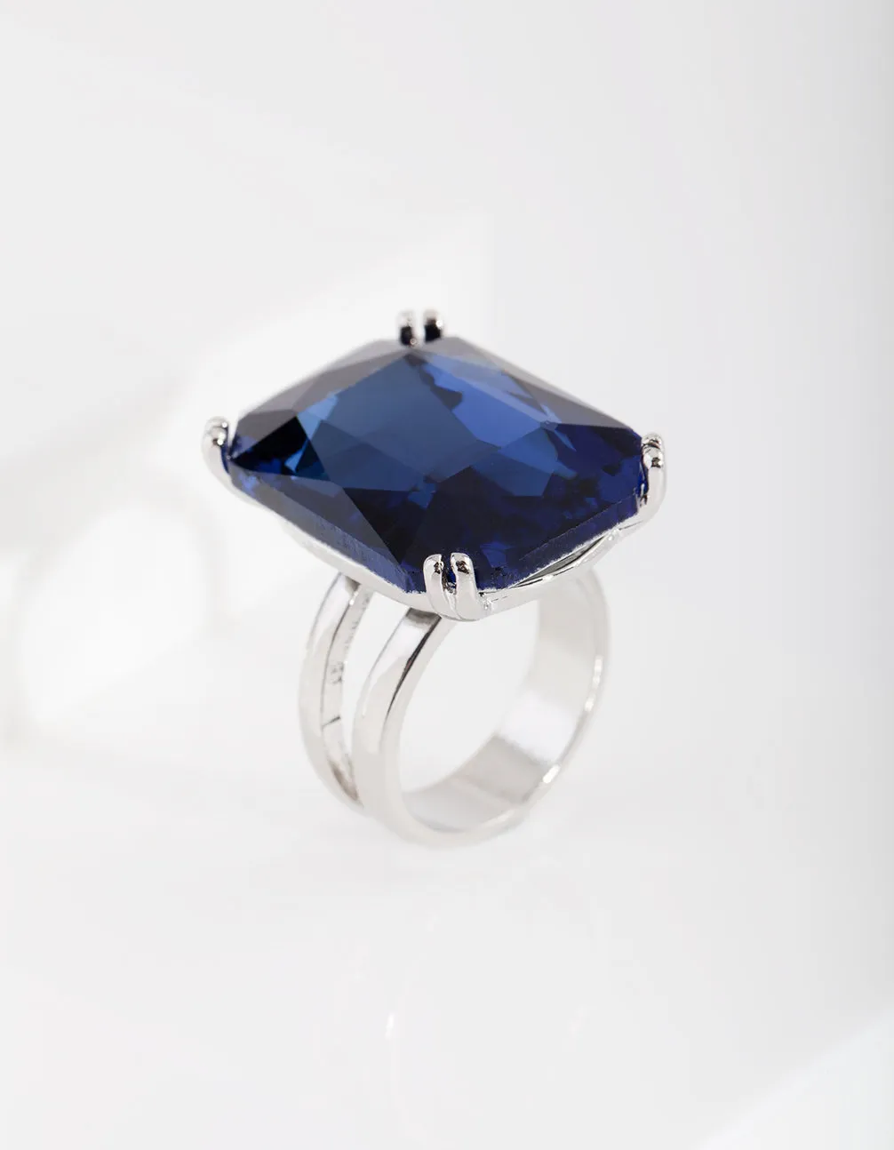 Blue Rhodium Gem Rectangle Ring