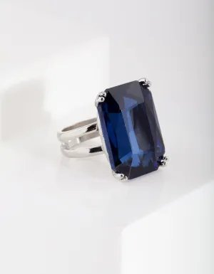 Blue Rhodium Gem Rectangle Ring
