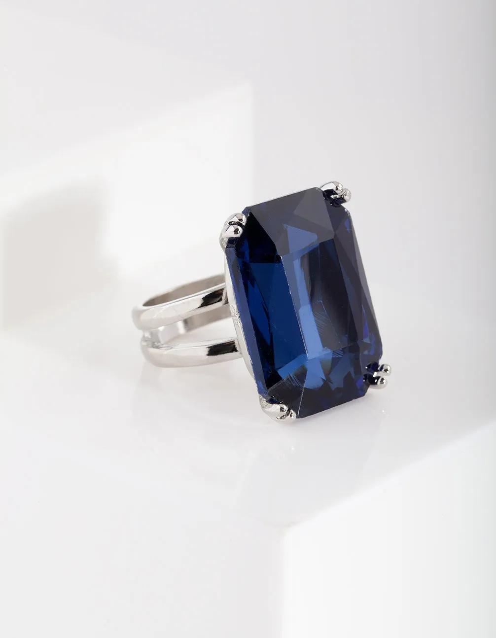 Blue Rhodium Gem Rectangle Ring