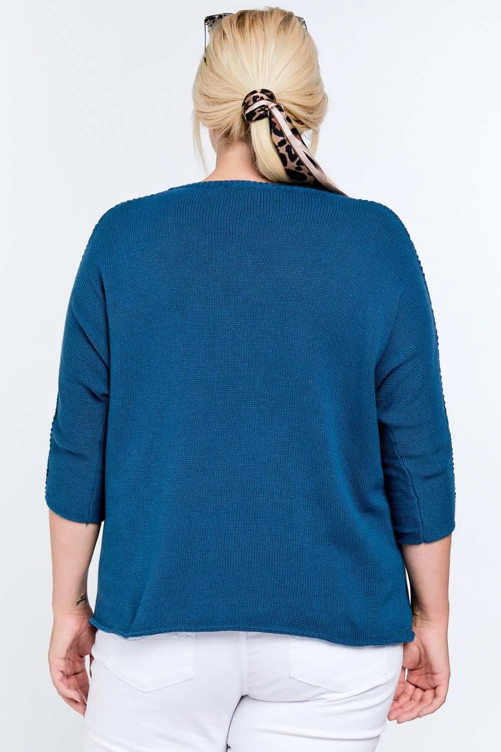 Blue Solid Round Neck 3/4 Sleeve Sweater Top