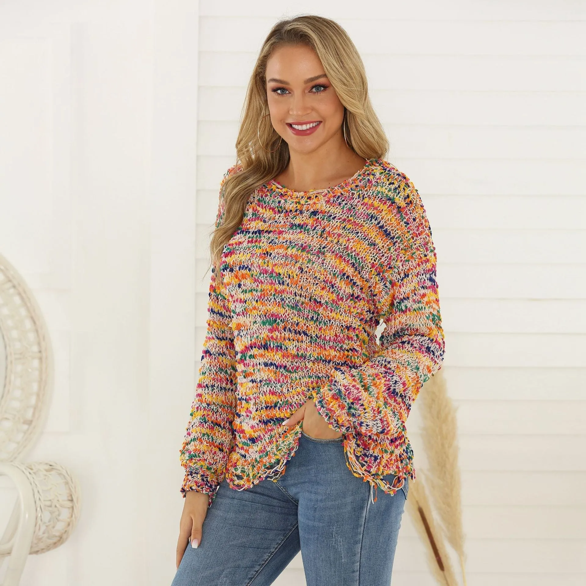 Camouflage perforated Pullover crew neck loose sweater women's T-shirt