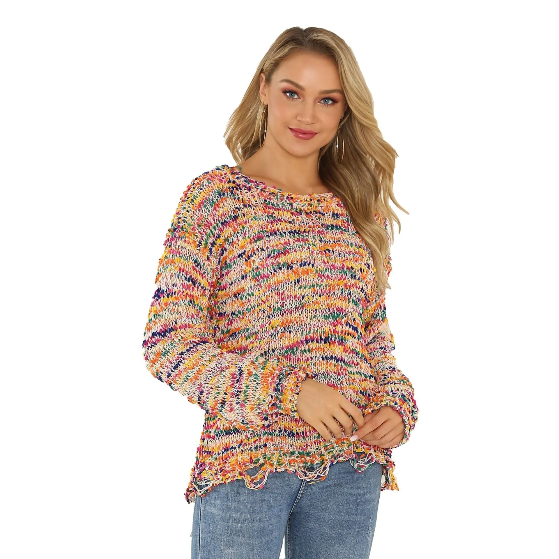 Camouflage perforated Pullover crew neck loose sweater women's T-shirt