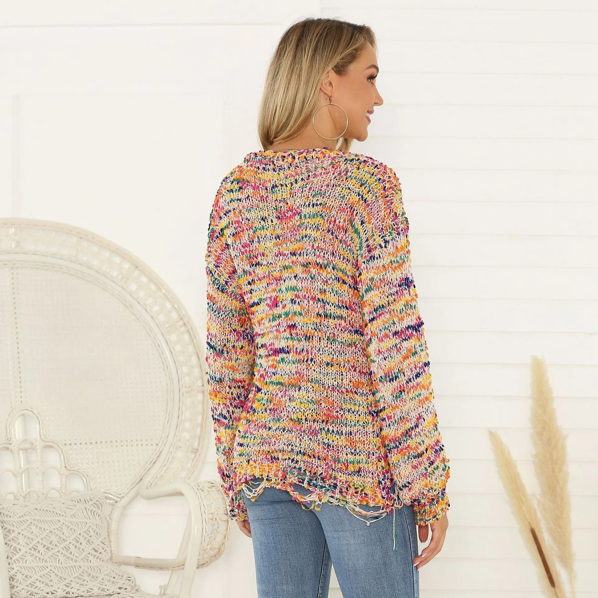 Camouflage perforated Pullover crew neck loose sweater women's T-shirt