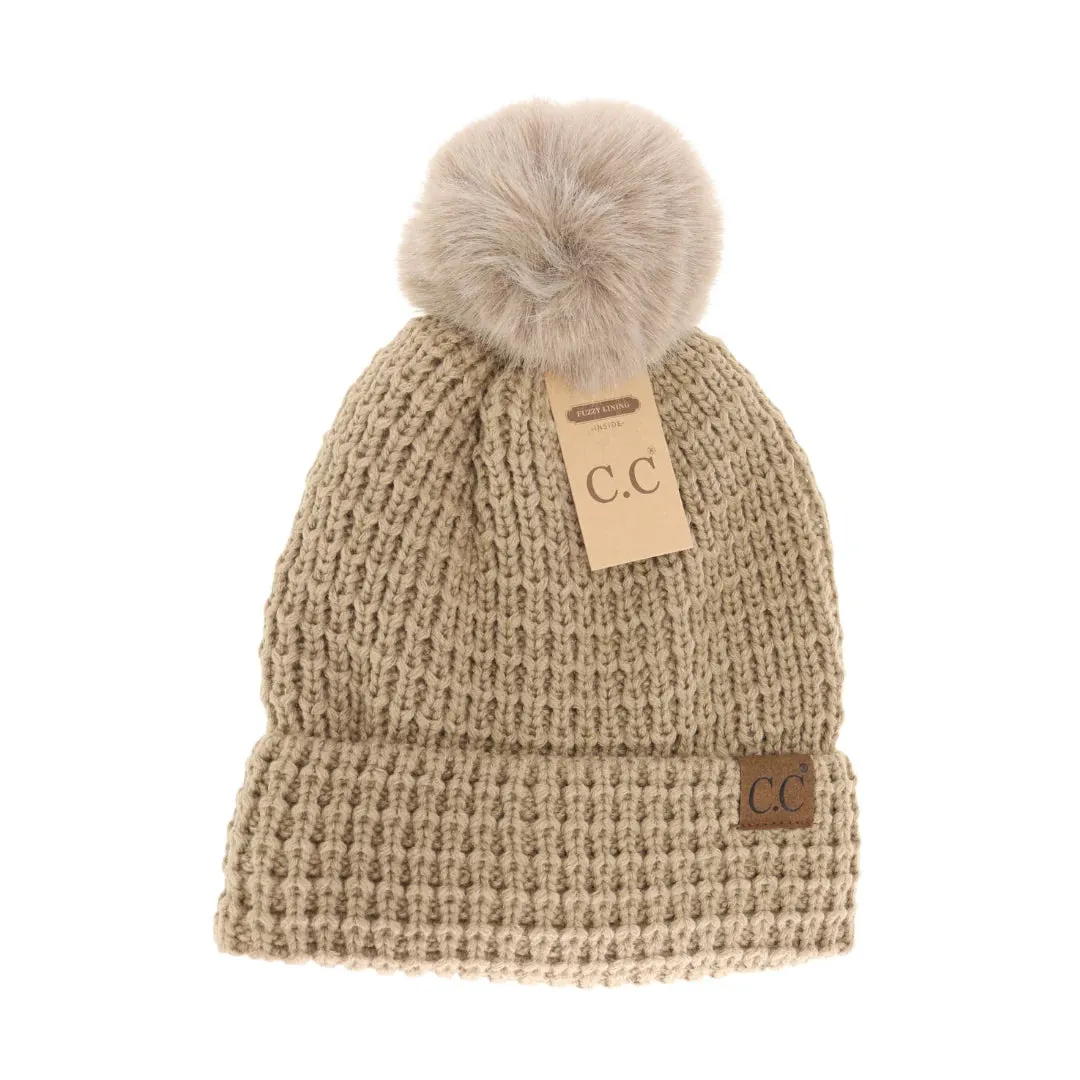 C.C Beanie - Waffle Knit Beanie with Faux Fur Pom