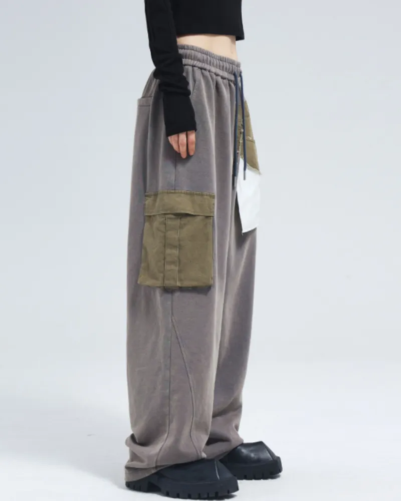 Drawstring Patchwork Pocket Unisex Wide Leg Pants