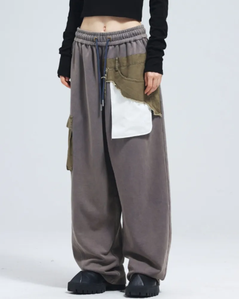 Drawstring Patchwork Pocket Unisex Wide Leg Pants