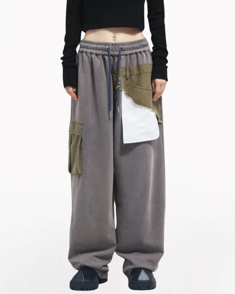 Drawstring Patchwork Pocket Unisex Wide Leg Pants