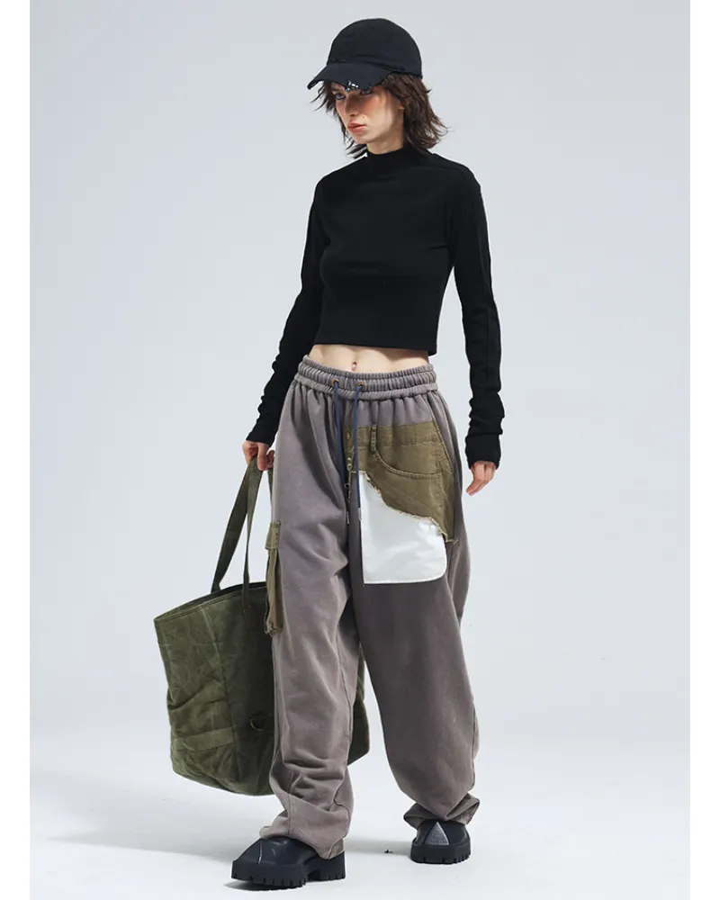 Drawstring Patchwork Pocket Unisex Wide Leg Pants