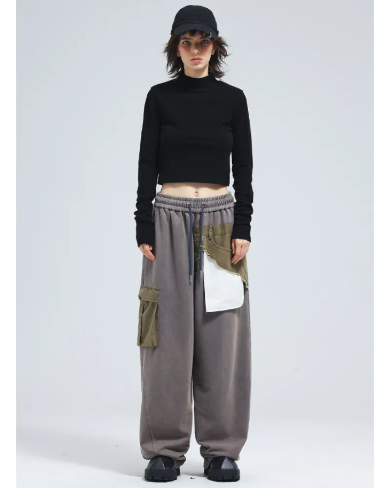 Drawstring Patchwork Pocket Unisex Wide Leg Pants