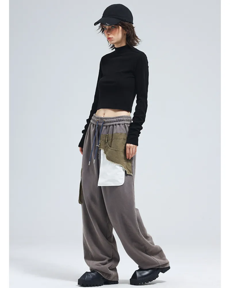Drawstring Patchwork Pocket Unisex Wide Leg Pants