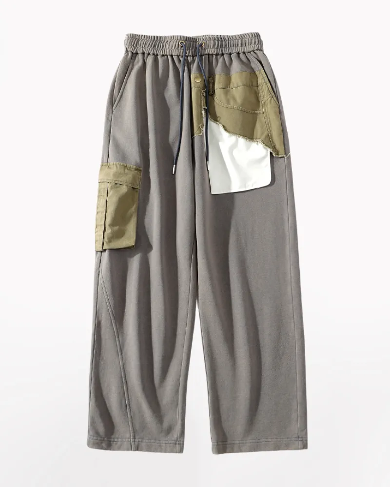 Drawstring Patchwork Pocket Unisex Wide Leg Pants