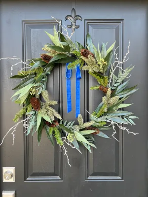 Evergreen Elegance Wreath with Custom Velvet Ribbon