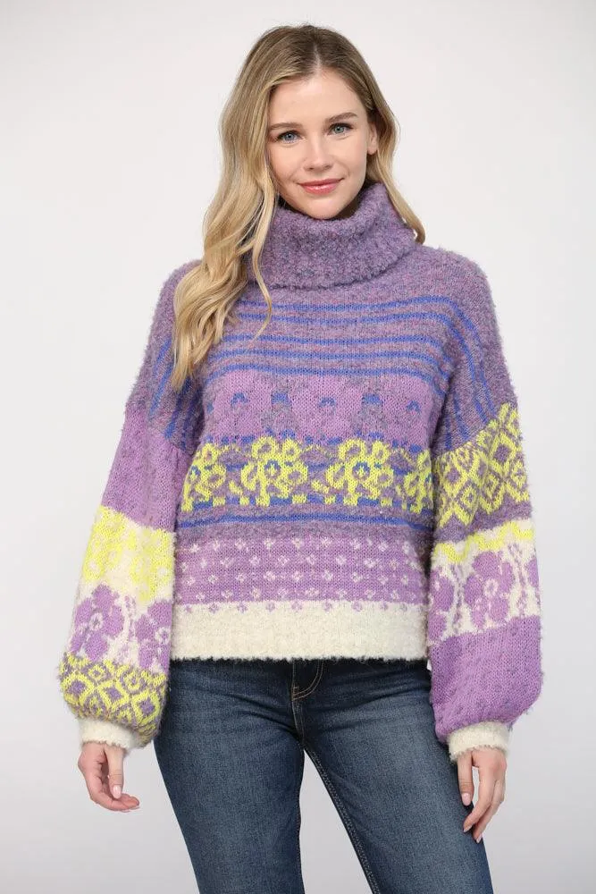 Floral Turtle Neck Fuzzy Sweater FW6610 & FW4124