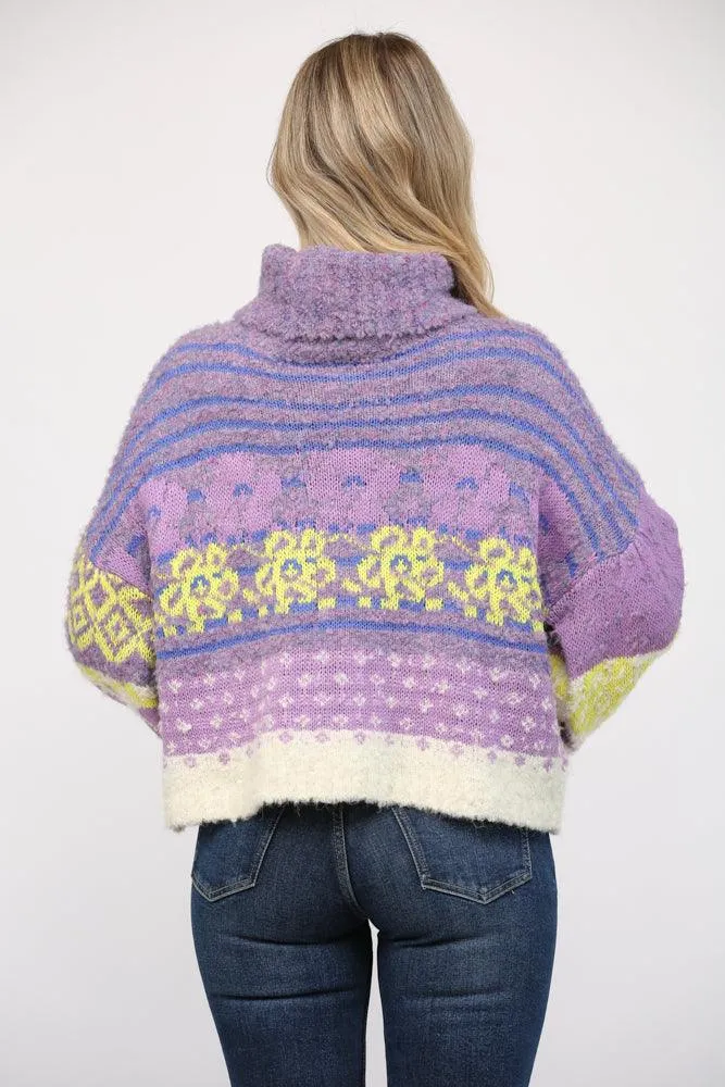 Floral Turtle Neck Fuzzy Sweater FW6610 & FW4124