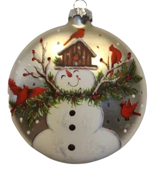 Glass Hand Painted Snowman Ornament with Winter Scene/Red Cardinals/Bird House