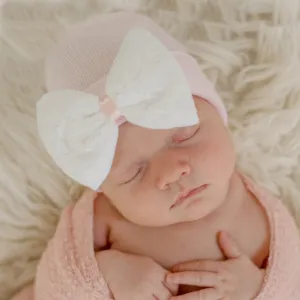 ilybean Lace Covered White Bow And Pink Newborn Hospital Hat- Nursery Beanie For Girls