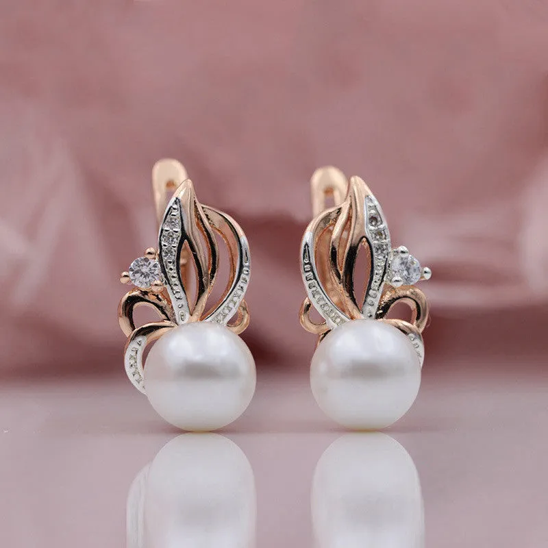 Ladies Flame Rose Gold Shell Pearl Earrings