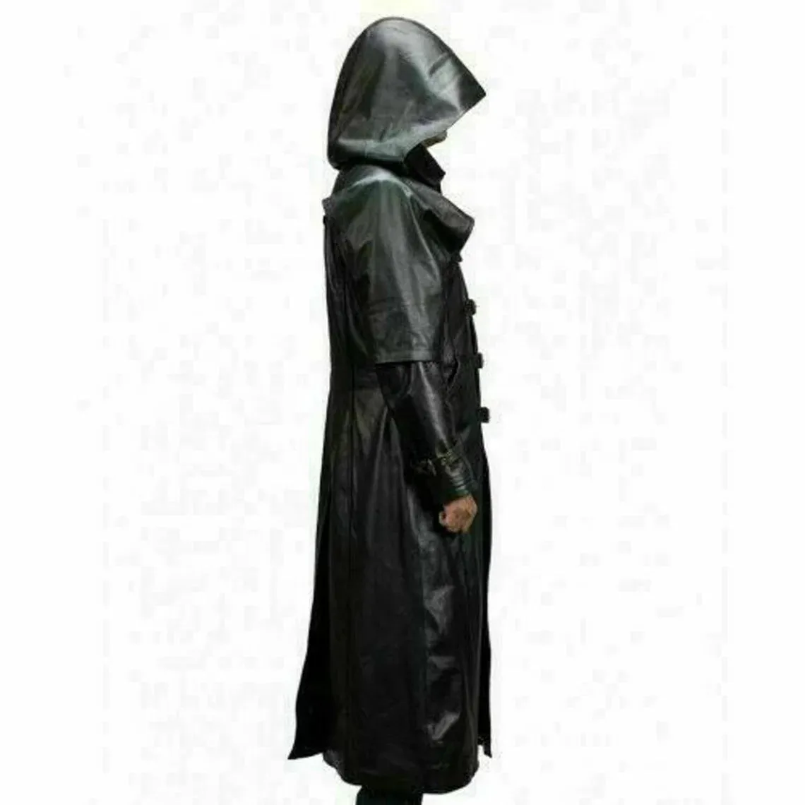 Men's Black Genuine Leather Trench Coat With Hood Gothic Steampunk