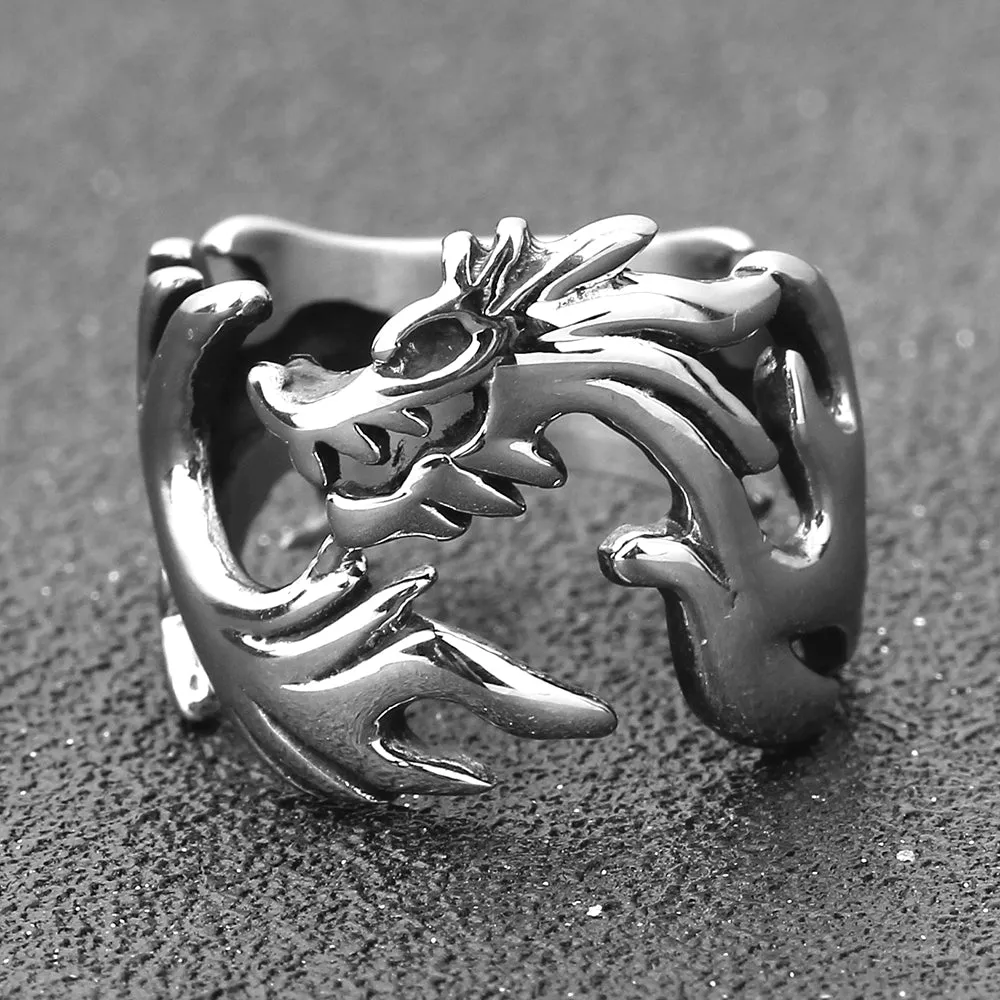 Mens Stainless Steel Dragon Flame Design Ring