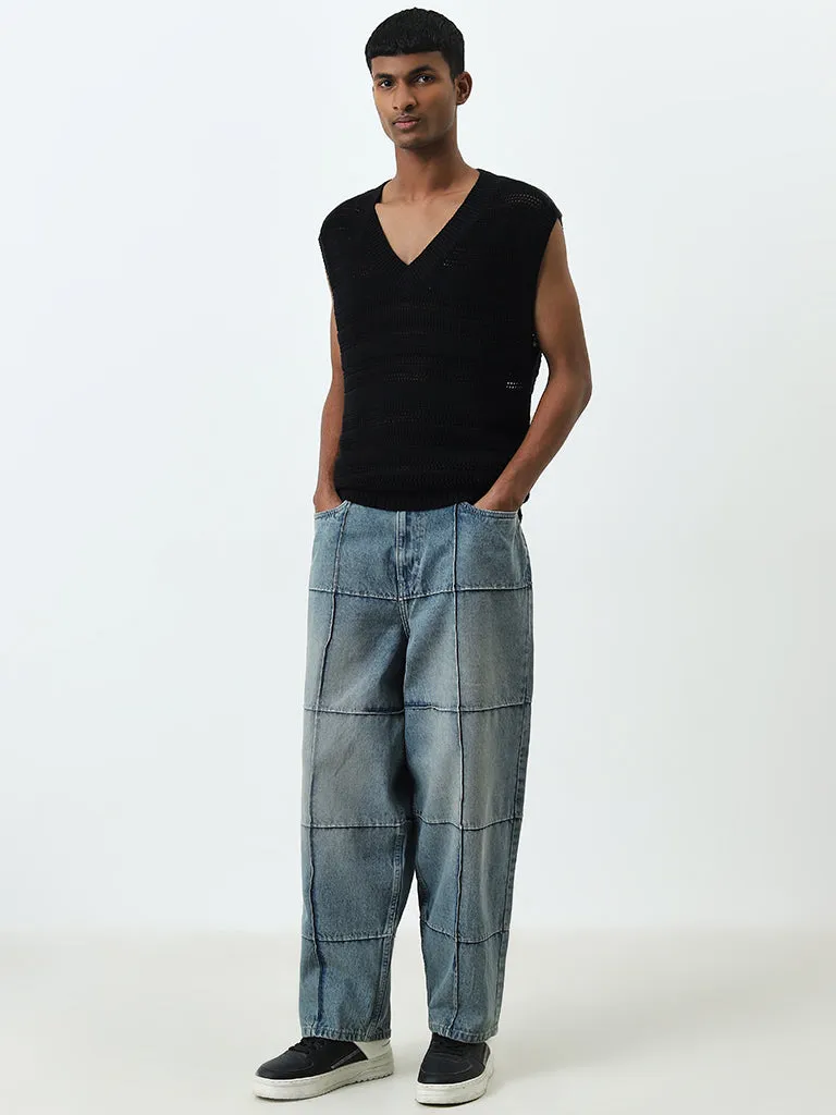 Nuon Black Knitted Drop Shoulder Relaxed-Fit Cotton Sweater
