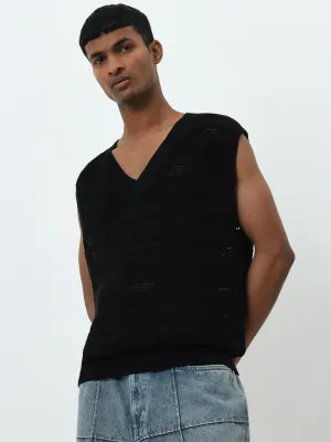 Nuon Black Knitted Drop Shoulder Relaxed-Fit Cotton Sweater
