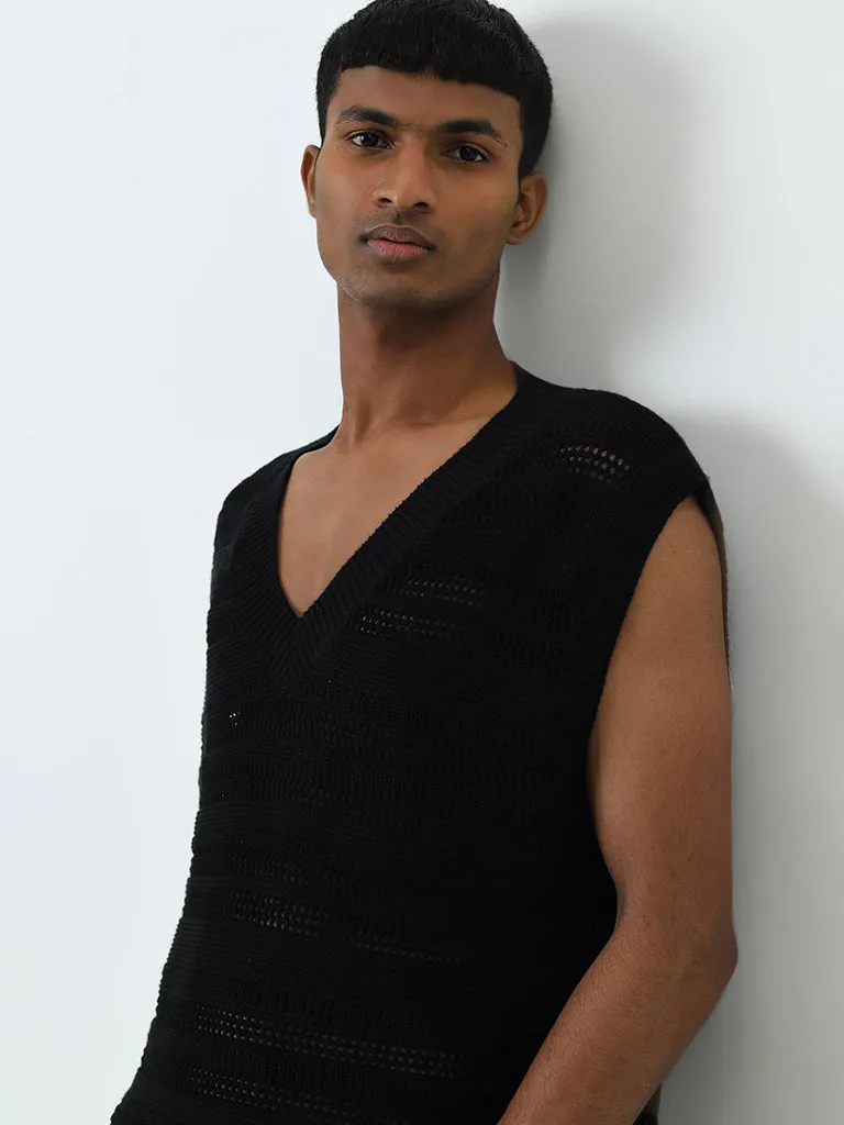 Nuon Black Knitted Drop Shoulder Relaxed-Fit Cotton Sweater