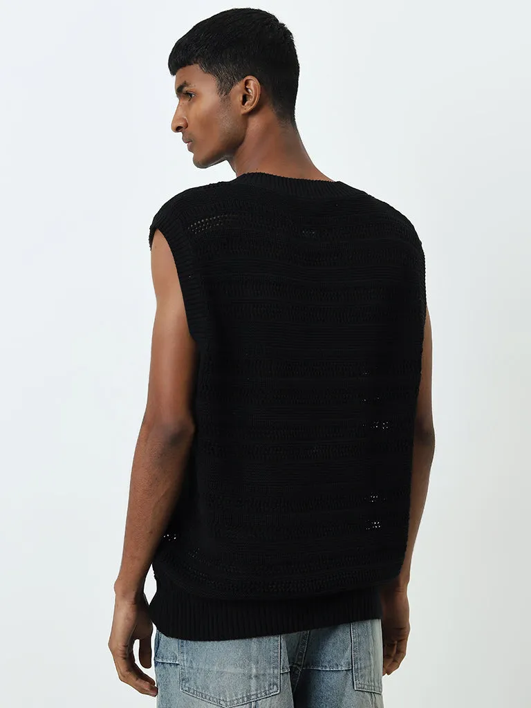 Nuon Black Knitted Drop Shoulder Relaxed-Fit Cotton Sweater