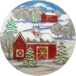 Red Barn Winter Scene Round Canvas