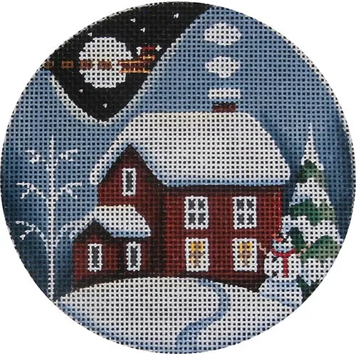 Red Winter Cabin Round Canvas