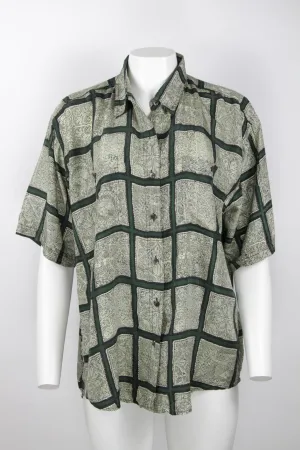 Short sleeve silk shirt - Black, Green and white dot pattern - L