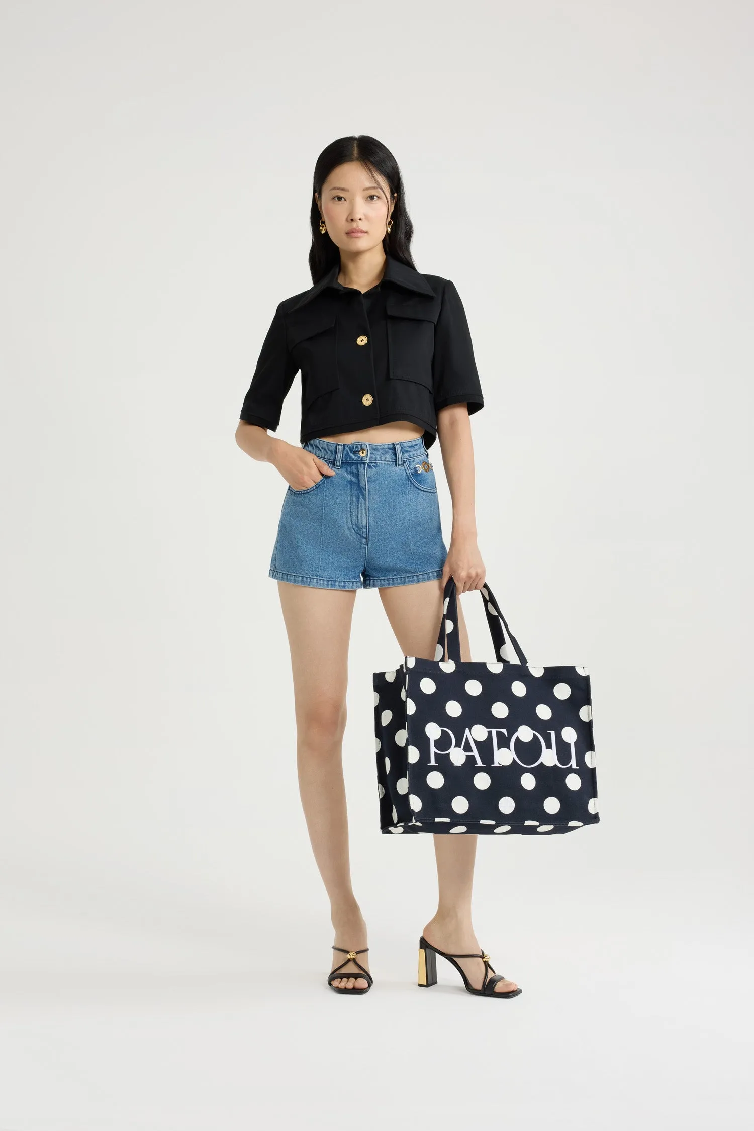 Short-sleeved cropped jacket in organic cotton gabardine