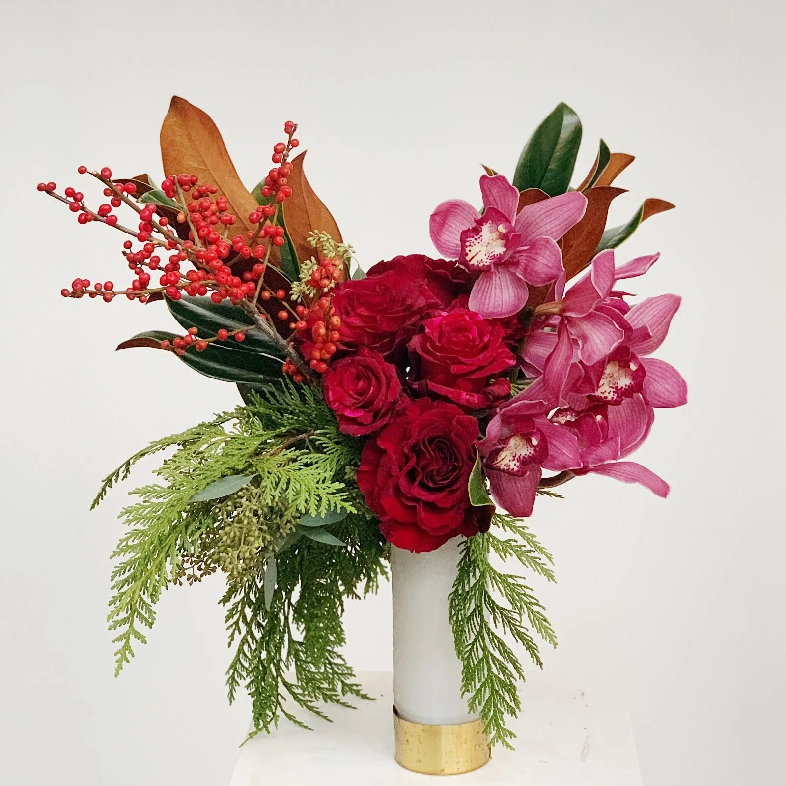 Stacy K Floral | Winter Half Dozen Roses with Orchids Vase